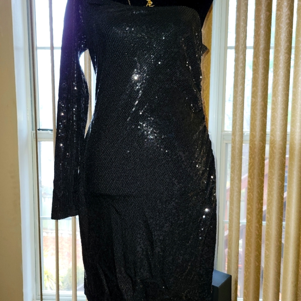 One sleeve sequined black dress